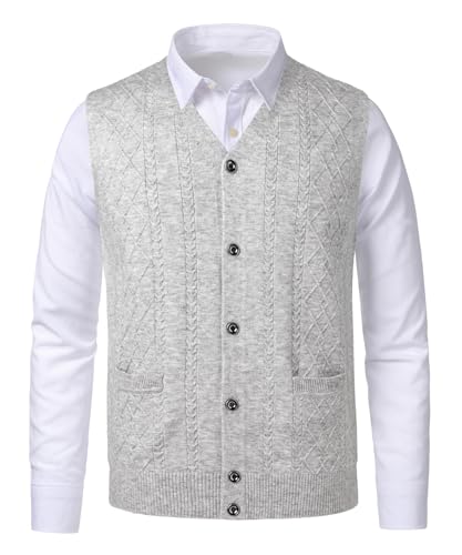 Beryielite Mens Argyle Sweater Vest V-Neck Knitwear Sleeveless Cardigan Vest Warm Tank Top Light Grey