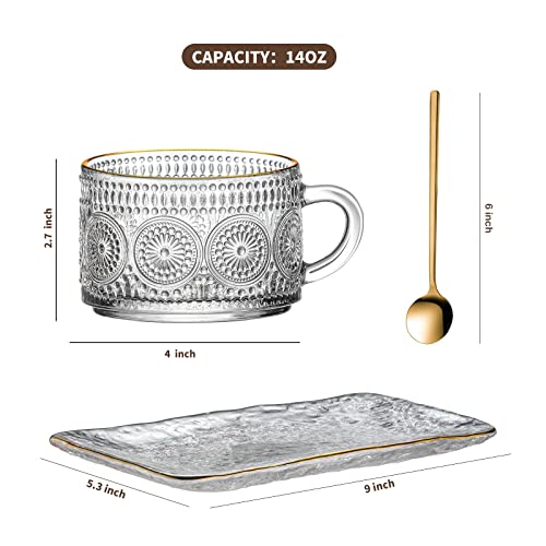 Gezzeny Vintage Coffee Mugs Set, Glass Cups Set with Saucer and Spoon, Clear Embossed Tea Breakfast Dessert Plate for Cappuccino, Latte, Cereal, Milk, Home Office Party, Golden, 3 Piece