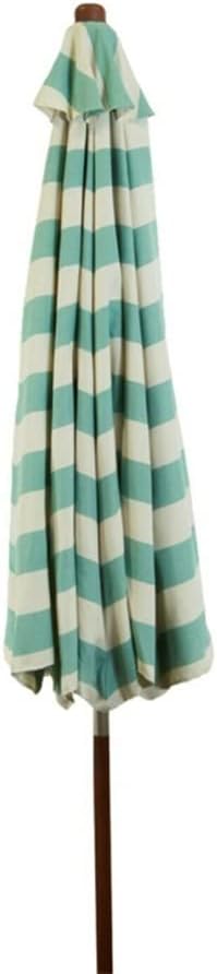 GHARAZ 2.7m/9ft Wooden Green White Striped Patio Umbrella, Portable Outdoor Market Sun Shade Umbrella, UV Protection