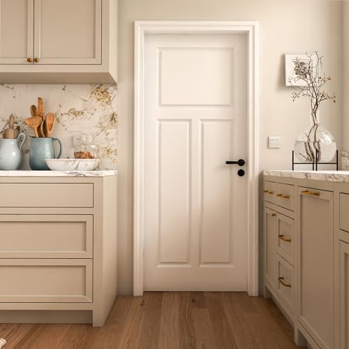 OHTOMO 28\"x 80\" Slab Door, 3-Panel Interior French Door Slab Shaker, Pre-Built Solid Core Wood Panel, for Pantry Closet Laundry Bedroom, Paintable T Type White Primed Surface w/o Hardware