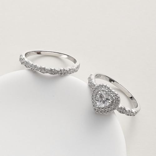 Image of Luxury Wedding Ring Sets for Women Heart 1CT AAAAA CZ White Gold Plated S925 Sterling Silver Engagement Ring Wedding Band