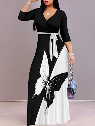 Image of PinkPatty Plus Size Maxi Dresses for Women Casual Flowy Long Dress 3 /4 Sleeve V Neck Wrap Dress with Belt