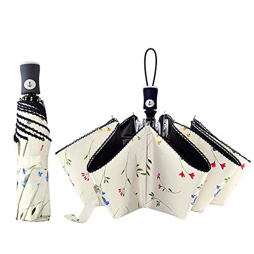 DBA FDJASGY UV Sun Umbrella Compact Folding Travel Umbrella Auto Open Close Compact Folding Rain Umbrellas for Women Men Blocking UV 99.98% Carnations