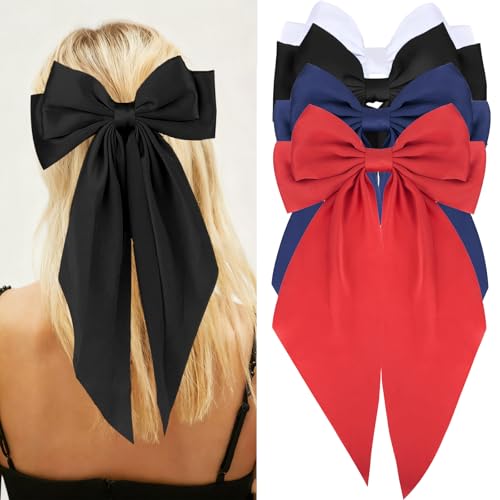 Wecoe 4pcs Satin Hair Accessories - Large Bows, Hair Barrettes, Clips With Long Tails for Women & Girls in White, Black, Navy Blue, Red - Cute Kawaii Summer Gift