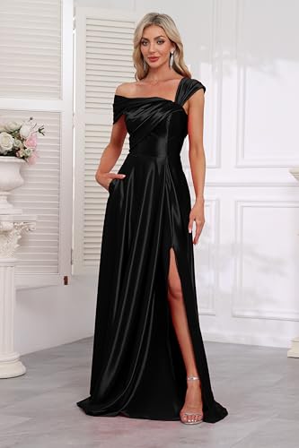 Image of Off Shoulder Satin Formal Dresses Long A Line Evening Party Prom Dresses for Women EA002