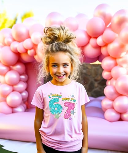 Ink-Printed Glitter I was 6 Now I'm 7 Birthday Shirt for Girls Trendy Six Seven Party T-Shirt Pink Shirt Youth Medium