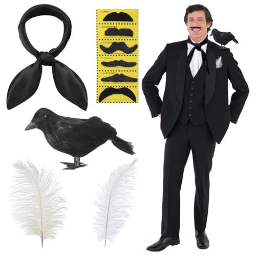Geyoga 4 Pcs Edgar Allan Poe Costume Kit Including Fake Crow, Mustache, Feather, Neck Scarf Gothic Halloween Costume Accessories for Adult Men