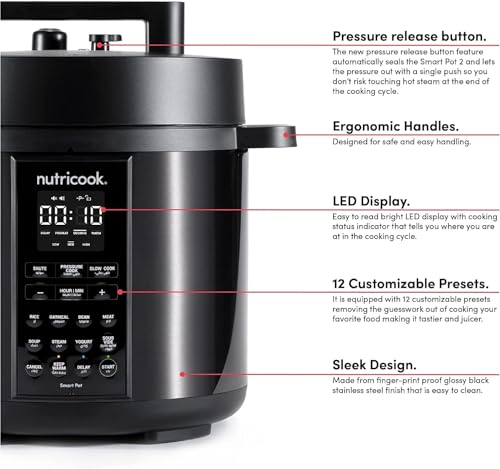 Nutricook Stainless Steel Smart Pot 2, 1000W, 9 In 1 Instant Programmable Electric Pressure Cooker, Slow Cooker, Rice Cooker, Steamer, Saute Pot,... - Image 3