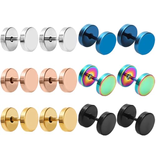NEWITIN 6 Pairs Multicolor Stud Earrings for Men Women Flat Back Fake Gauge