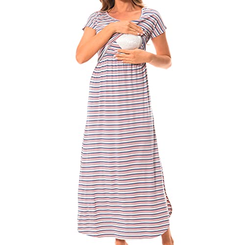 Ddluyy Women’s Maternity Nursing Dress Short Sleeve Empire Waist Long Dress For Breastfeeding, Pink White Stripes,Xl #TOP3