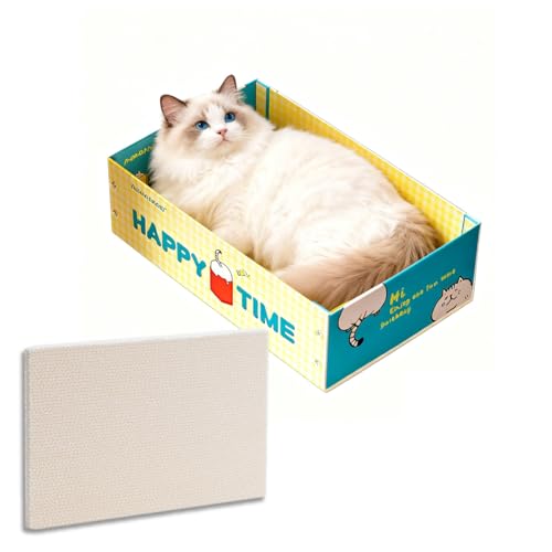 Happy TIME Cat Scratcher Box & Bed – Durable Grayboard Cat Lounge with White Wood-Pulp Scratch Pad