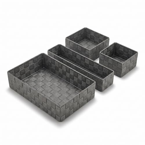 Image of EVOKK 4PC Woven Storage Baskets Set Grey – Multipurpose Organiser Bins for Kitchen, Bathroom, Bedroom, Closet, Desk & Office – Cosmetic & Home Storage Containers