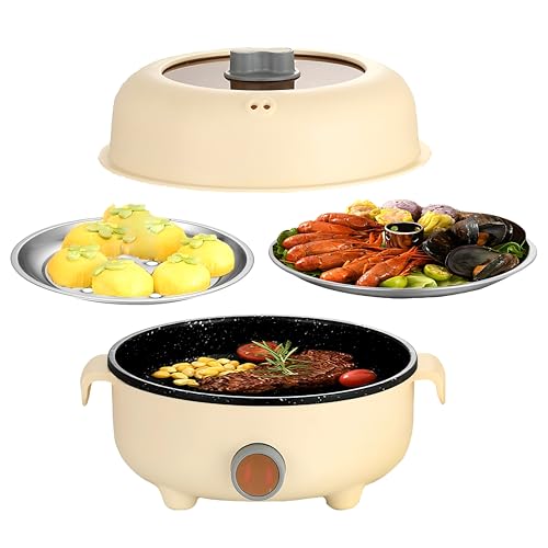 RHD Electric Hot Pot 2.2L with 2 Steamers, Portable Non-Stick Frying Pan, Portable Travel Cooker for Ramen/Steak/Fondue/Soup for Dorm/Camping/Home, Dual Power Control, Over-Heating Protection, Khaki