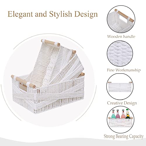 Storage Baskets Boho Decor Baskets Paper Rope Basket With Wood Handles Nested Handmade Woven Baskets Decorative Countertop For Organizing,Toilet Paper Basket For Tank,Set Of 3 Nested Baskets #TOP2