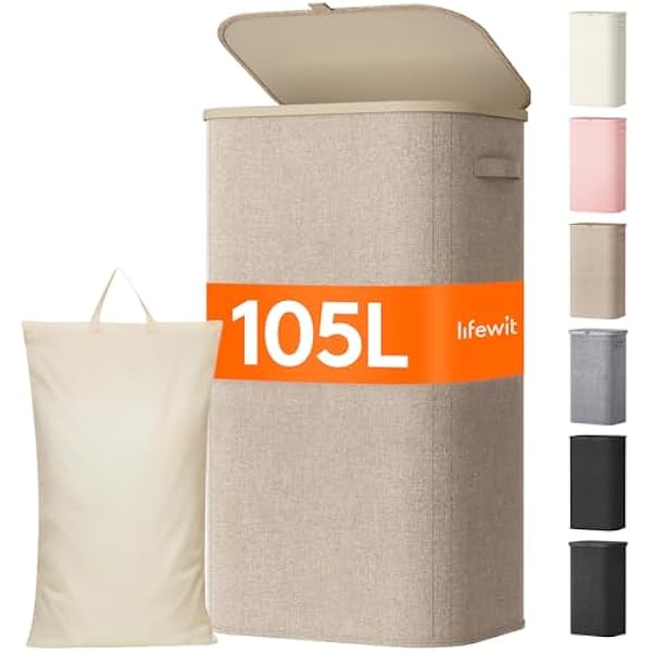 Lifewit 105L Large Laundry Hamper with Lid, Removable Inner Bag, Beige