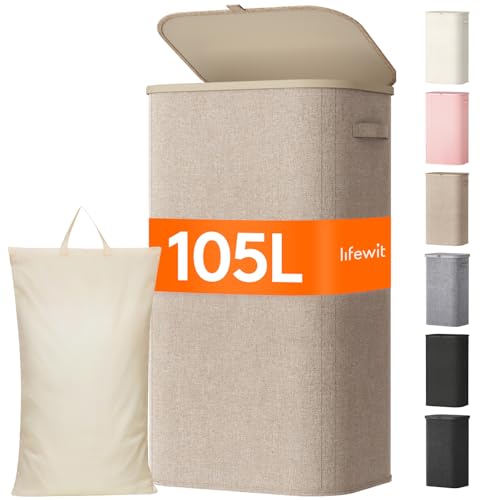 Lifewit 105L Large Laundry Basket with Lid, Laundry Hamper with Plastic Handles and Removable Bag, Foldable Tall Dirty Clothes Hampers for Laundry for Laundry Room, Bedroom, Bathroom, Dorm, Beige by Lifewit - Used condition - US$19.99