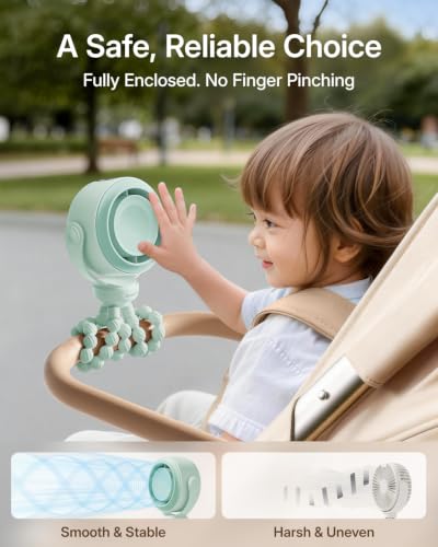 Image of SWEETFULL Portable Stroller Fan, Pinch-Proof Baby Fan - Green