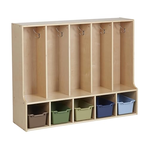 ECR4Kids Streamline 5-Section Coat Locker with Bench and Scoop Front Storage Bins, Toddler Size, Natural, Kids Furniture, Earthtone