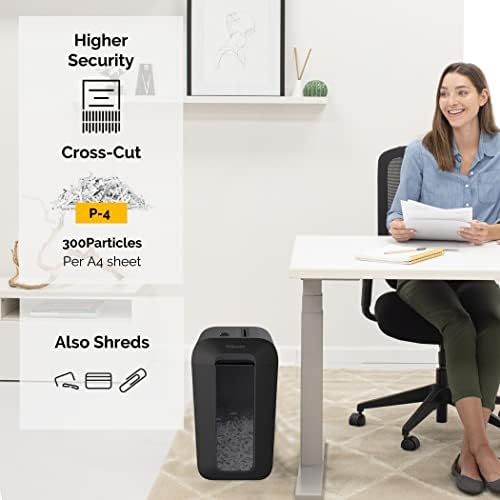 Fellowes Paper Shredder for Home Office Use - 10 Sheet Cross Cut Shredder for Home and Office Use - Deskside Shredder with 22 Litre Bin - Powershred LX65 - High Security P4 - Black