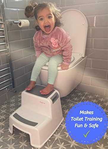 Babycurls Toilet Training Kids Non Slip Up Double Step Stool 26.5cm + Toilet Training Seat Combo Unisex White/Grey for Safe Toddler Loo Potty Training in The Bathroom and Home