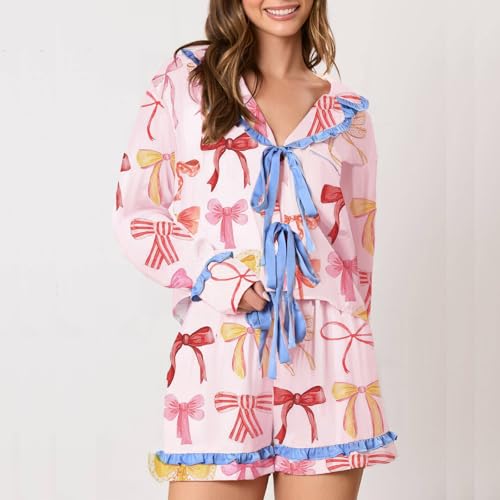 Image of Tenopuli Women Silk Satin Pajama Set Heart Print Bow Tie Long Sleeve Top Shorts Sleepwear Cute 2 Piece Loungewear