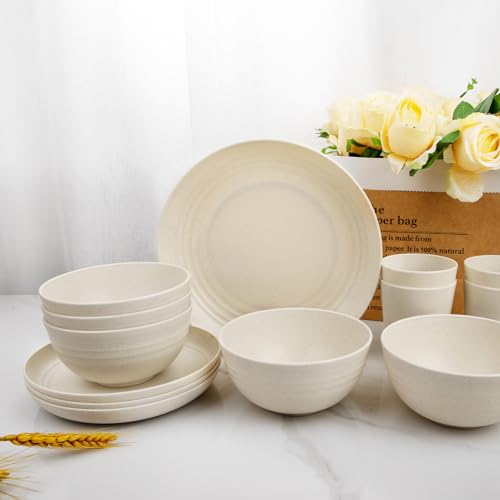 Rubtlamp 24 Pcs Wheat Straw Dinnerware Sets, Unbreakable Reusable Plastic Wheat Straw Bowls & Plates Dinner Set, Microwave And Dishwasher Safe Plates, 12Plates, 6Bowls, 6Cups for Party(Beige) by Rubtlamp - Image 6