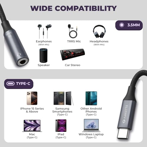Image of Amkette Type C to 3.5mm Audio Jack Connector | DAC Chipset | Kevlar Braided Cable | Compatible with iPhone 16,15 Series & Other Type C Phones | Premium Aluminum Build | Plug & Play Compatibility