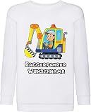Pixkids Kinder Pullover Sweatshirt Baggerfahrer Bagger weiß oder gelb farbig Bedruckt mit Wunschname Geschenk für Jungen und Mädchen (104, weiß)