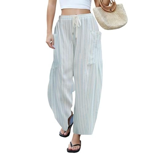 LOMON Womens Wide Leg Linen Pants Casual Drawstring Palazzo Harem Pants
