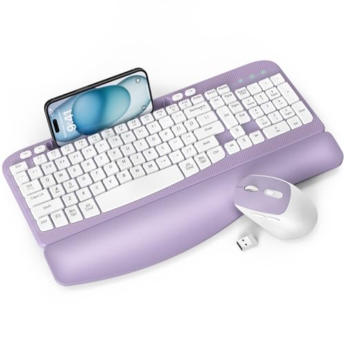 Wireless Keyboard and Mouse Combo, Full-Sized Ergonomic Wave Keys Keyboard with Memory Foam Wrist Rest & Phone Holder, 2.4G Quiet Keyboard Mouse Work Setup for PC Laptop, Office or Home (Purple)