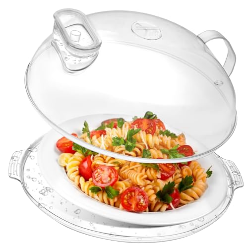 Image of WENWELL Microwave Cover with Water Steamer & Tray,Food Protector for Splatter Guard,Dish Bowl Plate Serving Lid with Handle,12 Inches,BPA-Free,Clear Safe Plastic