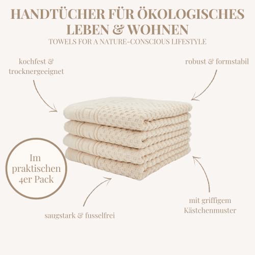 Carenesse 4er Handtücher Set 50 x 100 cm Natur I 100% ungebleichte & ungefärbte natürliche Baumwolle Öko-Tex 100 I Frottee Handtuch Set mit Waffelmuster & Bordüre I saugstark/weich