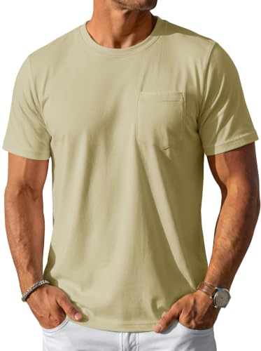 MAGCOMSEN Men's T-Shirts Short Sleeve Cotton Pocket Tee for Men Casual Crew Neck Plain Basic Tee Shirts Khaki