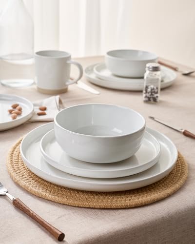 Image of Famiware Milkyway Stoneware Dinnerware Sets with Mugs, Service for 4 (16pcs), Plates and Bowls Sets, Scratch Resistant, Microwave and Dishwasher Safe Dishes Set, White