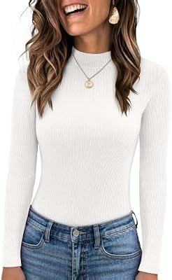 Zeagoo Womens Long Sleeve Tops Mock Neck Ribbed White Shirt Slim Fit Tee