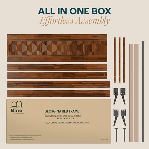 Image of Bme Georgina Signature Dark Choco Bed Frame, King Bed Frame and Headboard Handcrafted Geometric, Mid Century Modern, Solid Acacia Wood, No Box Spring Needed, 12 Wood Slats Support, Easy Assembly