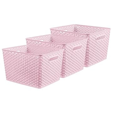 CURVER My Style Rattan Effect Set of 3 Kitchen, Living room, Bathroom, Bedroom, Utility Large Rectangular Storage Baskets 18 Litres - Pink