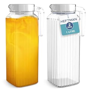 Glass Water Jug for Fridge – 2 Pack (1 Litre) Water Jugs with Lids with Ribbed Design, Spill-Free Spout, Vented Lid for Hot/Cold Drinks, Ice Tea, Coffee, Milk & Juice, Transparent Pitcher Jug