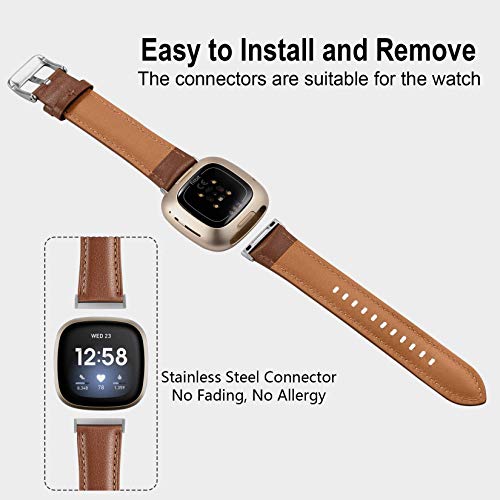 Maledan Compatible With Fitbit Sense/Fitbit Versa 3 Bands For Women Men, Top Grain Leather Band Slim & Thin Replacement Accessory Wristband For Smartwatch, Brown #TOP3