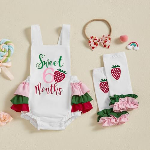 Baby Girl Half Birthday Outfit Doughnut Strawberry 6 months Romper Sleeveless Bodysuit +Leg Warmers Summer Clothes3