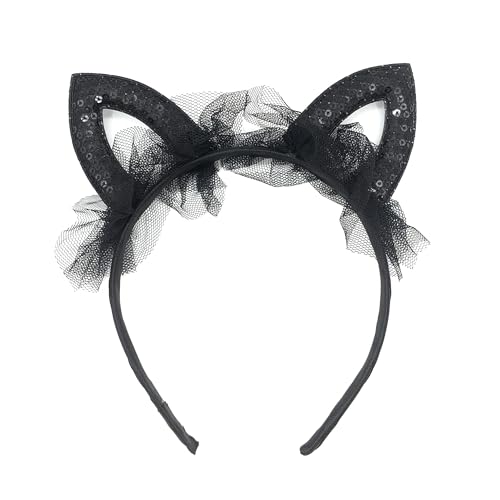 XXFBJNMD Black Lace Cat Ears Headband Black Polka Dot Cat Ears Hairband Women's Fashion Hairband Halloween Costume Accessories for Girls and Ladies(Skeletonized Cat Ears)