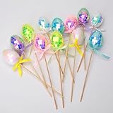 HDLJIAL Ostereier Picks, 12 Pack Disco Ball Glitter Ostereier, Pastellfarben mit Bänder, Funkel Eier Stäbchen für Osterdekorationen, Osterbaum, Mittelstück, DIY-Handwerk, Partybedarf