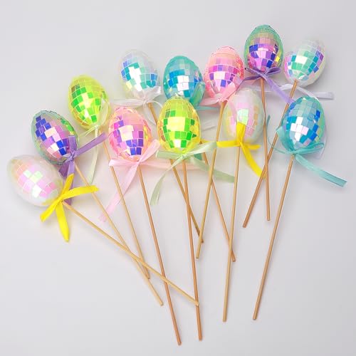 HDLJIAL Ostereier Picks, 12 Pack Disco Ball Glitter Ostereier, Pastellfarben mit Bänder, Funkel Eier Stäbchen für Osterdekorationen, Osterbaum, Mittelstück, DIY-Handwerk, Partybedarf