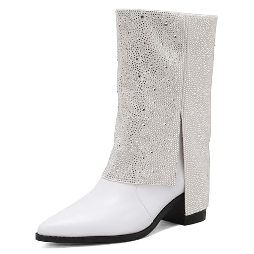 Bottes Cowboy Strass Mi-Mollet Antidérapantes en Cuir Verni