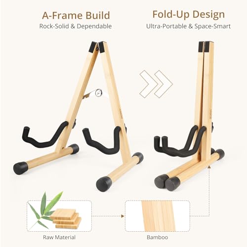 MUSO Bamboo Guitar Stand, A-Frame Folding Holder, Easy Assembly and Portable, For Acoustic Guitar, Electric Bass,Violin, Viola,Ukulele,Banjo,Mandolin, Protect Valuable Instrument - Thumbnail 2