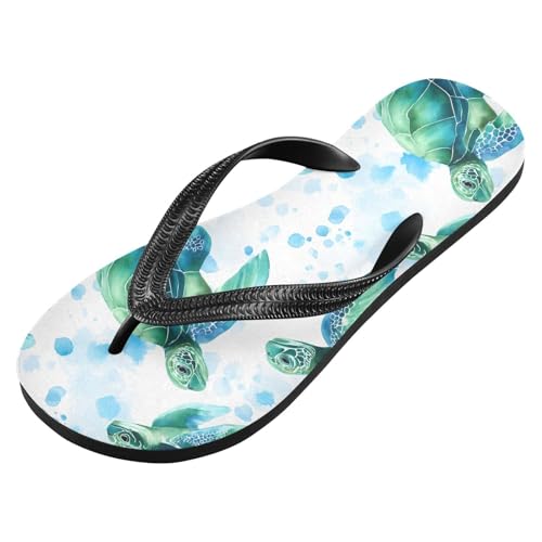 ALAZA Watercolor Green Turtle Flip Flops for Women Fashion Beach Slippers Comfort Mens Flip Flops Non-Slip Rubber Shower Slippers Sandal for Hotel Travel Sport,XS2