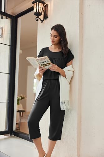 Image of Ekouaer Women's Capris Pajama Set Short Sleeve Capri Pants Loungewear 2 Piece Pajamas Pj Sets with Pockets Black