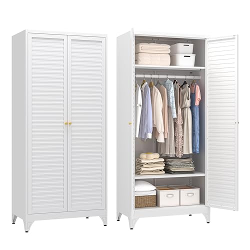 Metal Wardrobe Closet, 71'' Wardrobe Cabinet with Hanging Rod, Armoire Wardrobe Closet with 2 Louver Doors, Adjustable Shelves, for Bedroom, Cloak Room, School, Gym, Government, White White
