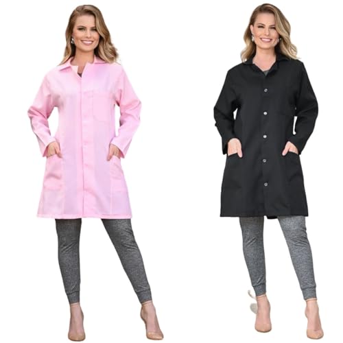 Kit 2 Jaleco Oxford Feminino Acinturado Bolso Solto ROSA E PRETO M