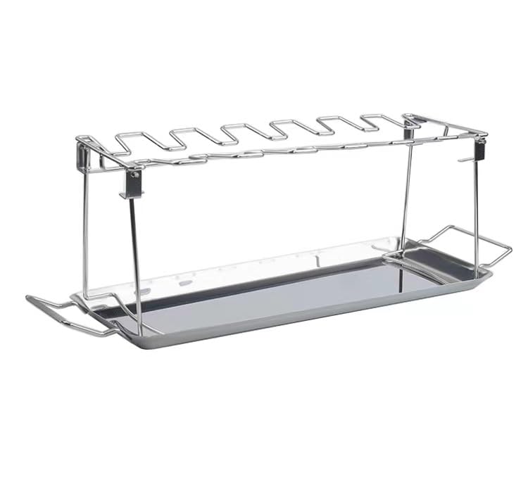 Chicken leg rack and wing grill, stainless steel wire folding, 14 slots, drip tray, barbecue or oven, for family gatherings outdoor camping bake (Stainless steel chicken leg rack + tray)
